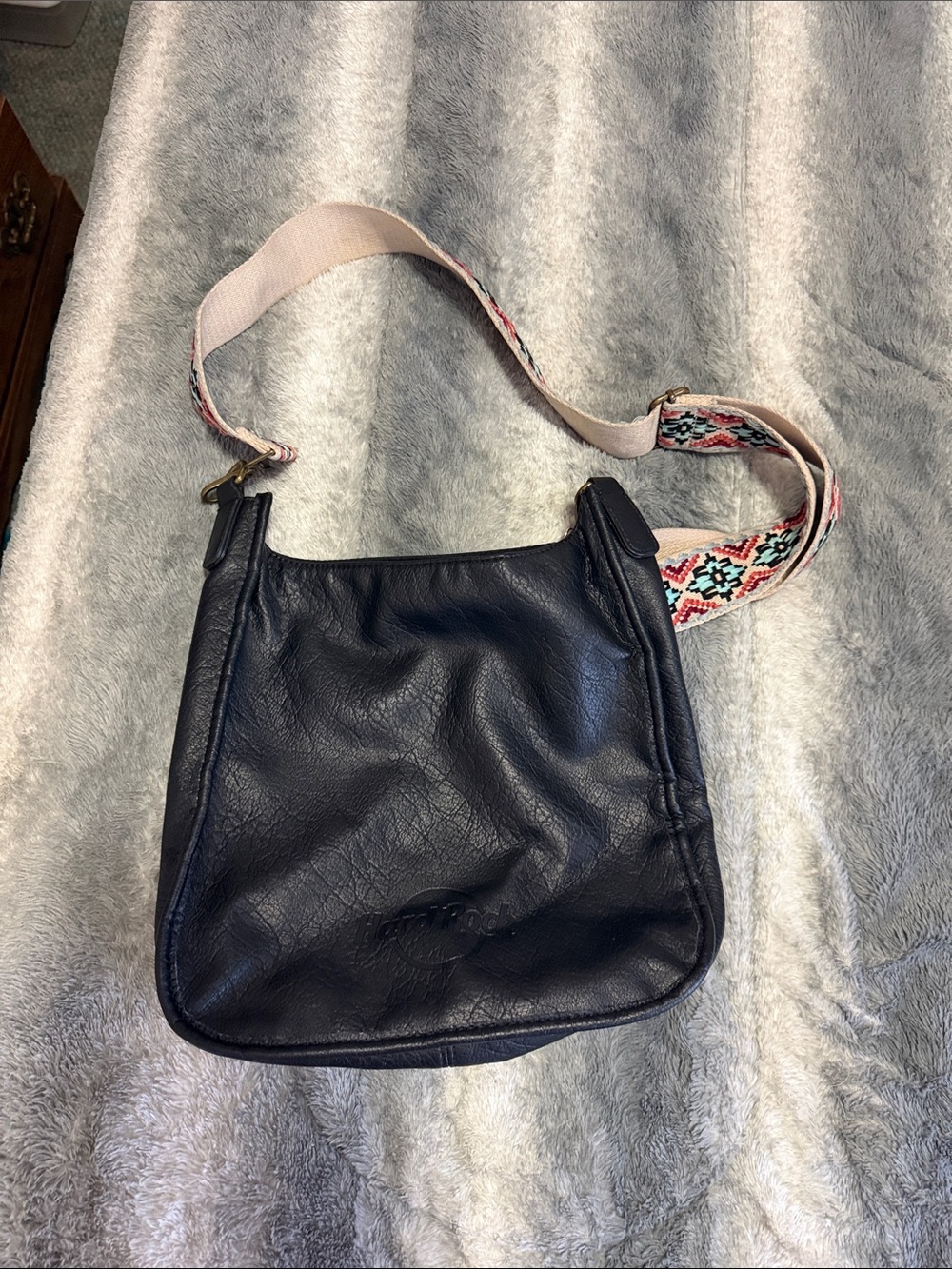 Hard Rock Cafe Black Leather Crossbody with Patterned Embroidered Strap